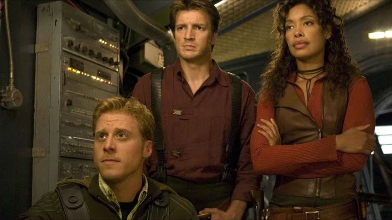 Wash, Mal, and Zoë in a scene from the TV series Firefly