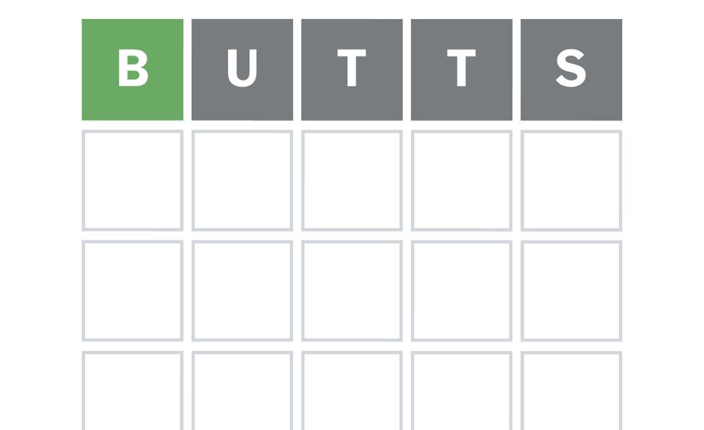 Wordle game with “BUTTS” in the first guess. most of the letters are wrong