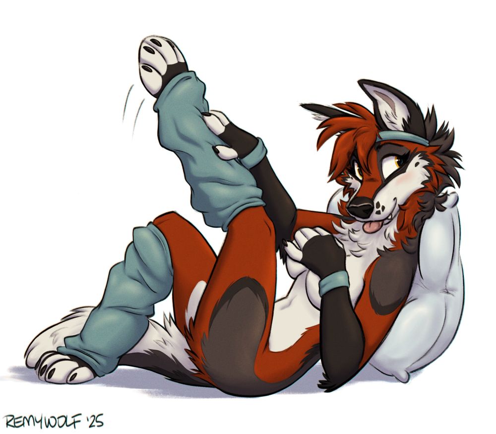 A female anthro wolf wearing legwarmers lounges against a pillow