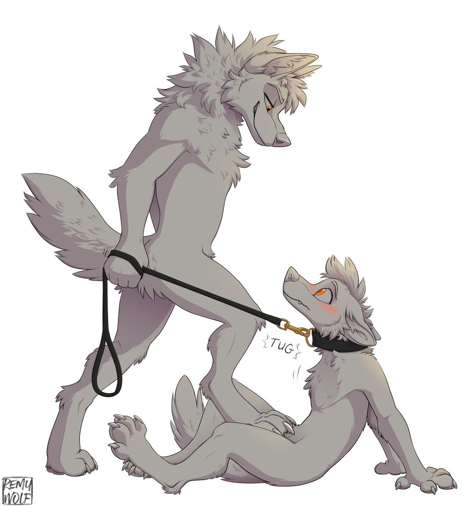 Anthropomorphic canine stepping on another anthro canine, while giving his collar a firm tug