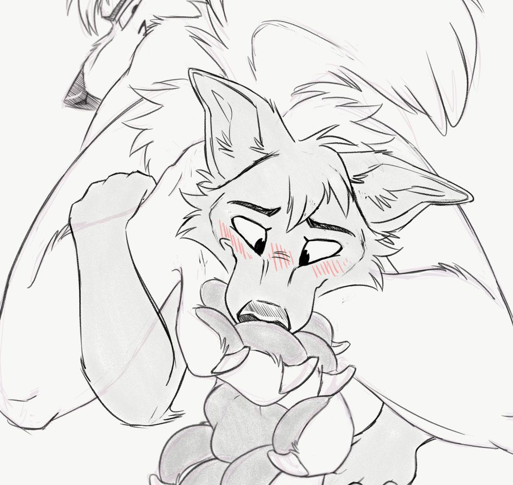 Character being pinned under a larger character, with snout pushed into paws