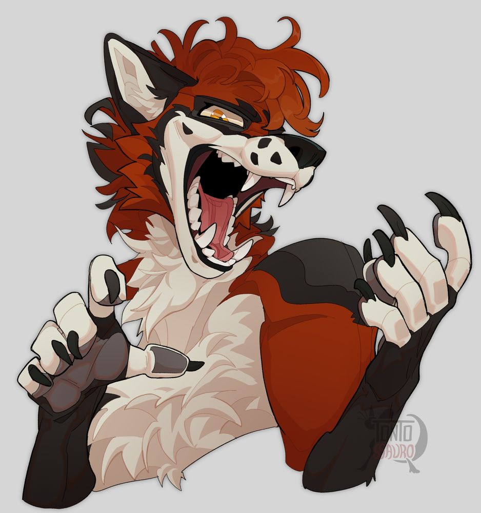 Remy, an anthropomorphic wolf, showcasing her handpaws, claws, and an open maw ;) 