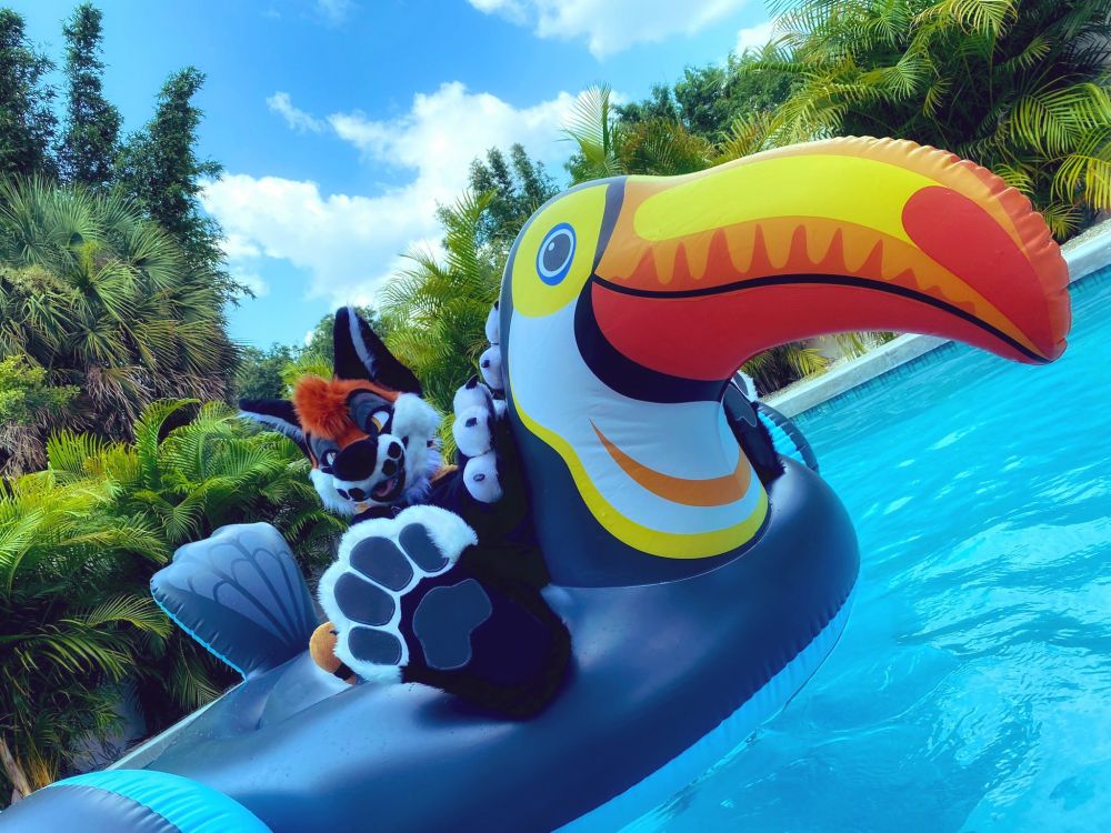 Remy on a giant inflatable toucan pooltoy! 