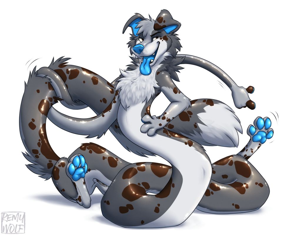 A very stretchy canine bringing attention to the paws