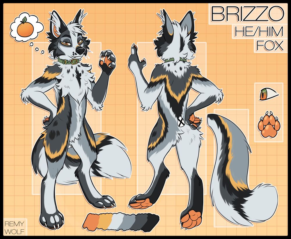 Reference sheet for an anthropomorphic fox. He is varying shades of gray, orange, and yellow, and is wearing a green collar.