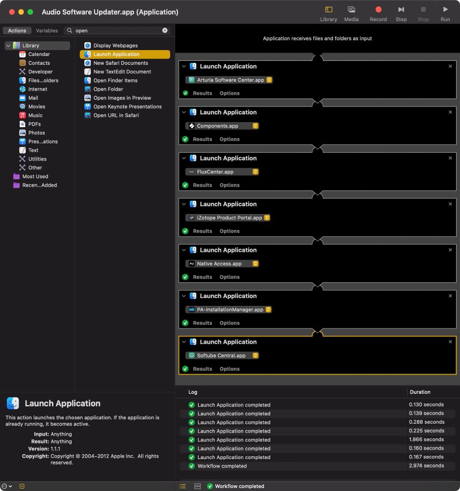 Screenshot of the Automator app showing an automation that launches 7 different audio software updaters all at once.