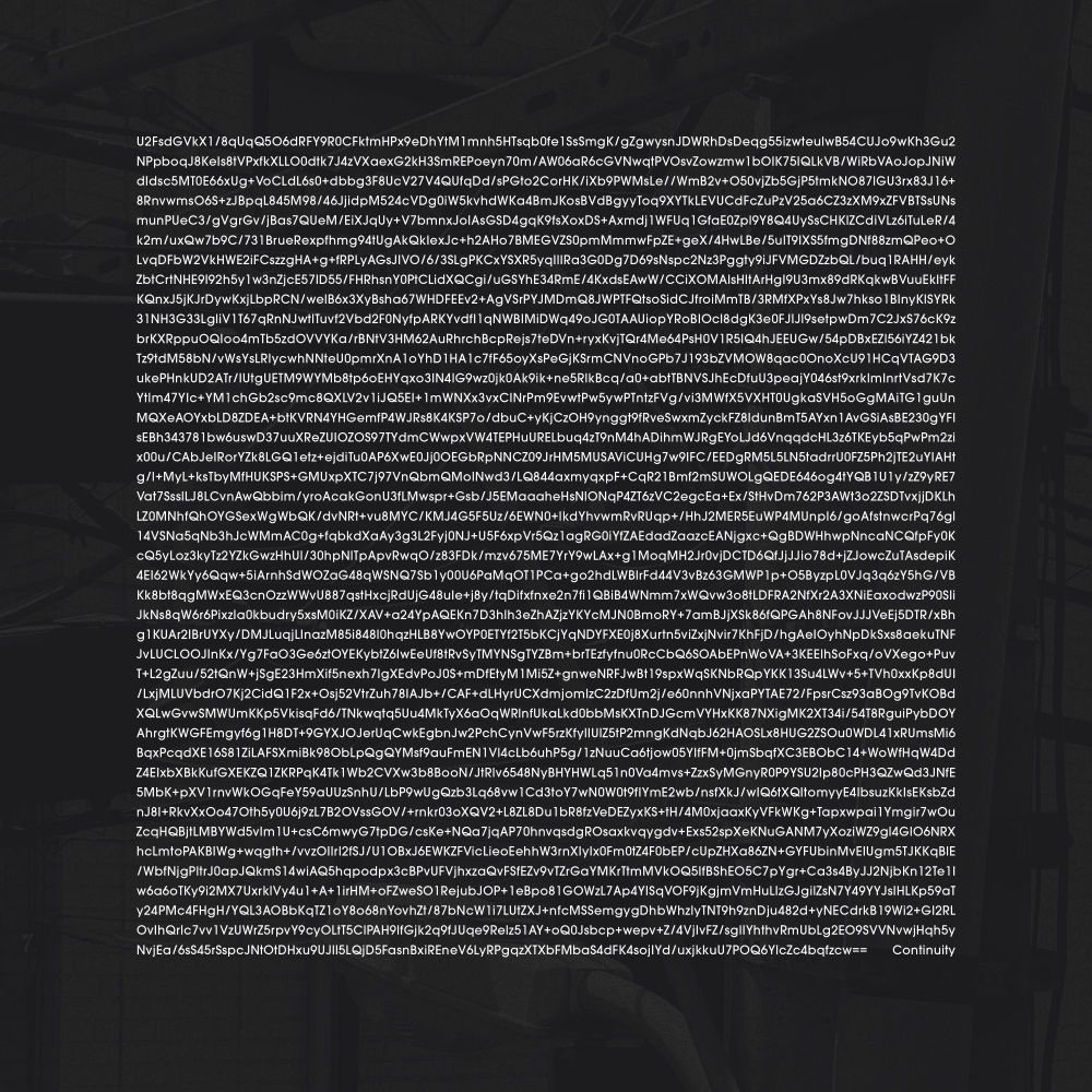 The album cover for 'Continuity' by Yann Novak. Its a dark grey photo background of electric and phone cables nested together on a pole. Over top is 42 lines of white text that are as wide as they are tall, its encrypted text so its gibberish all the way until the end where there are two == and then a few spaces and the word Continuity.
