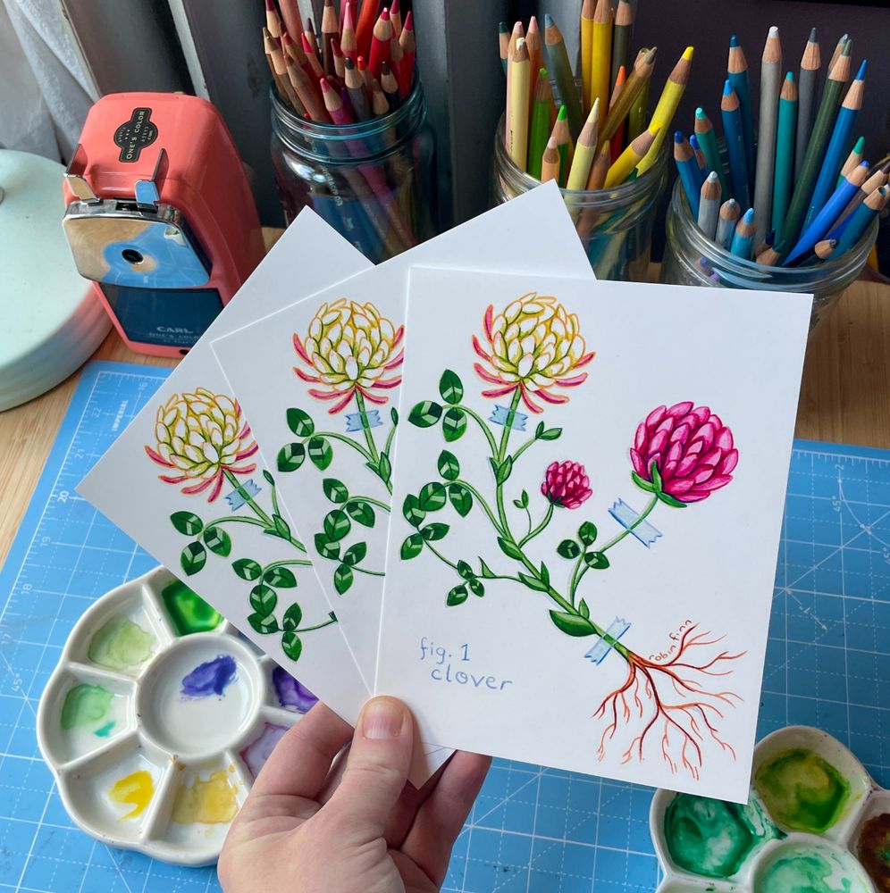 Robin holds three mini prints of their clover botanical watercolor painting over their desk full of colorful paint palettes and colored pencils.