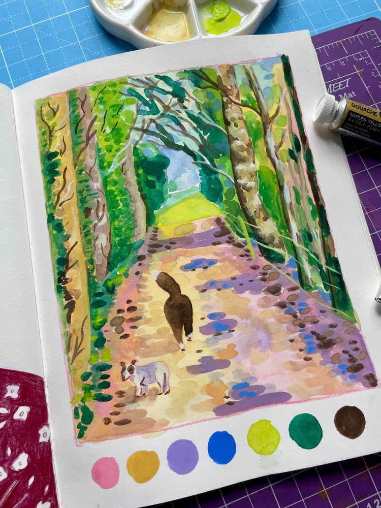 Gouache painting in a sketchbook: two dogs in a rural lane that forms a tunnel of trees. 
