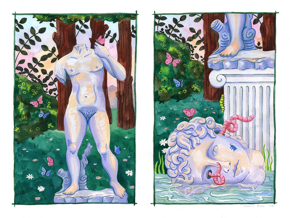 Two gouache paintings. On the left, a broken classical statue of a headless transmasc body surrounded by butterflies and greenery. On the right, a close up of their head, half sunk in a pond below the statue base, with worms coming out of their ear and eye socket and a beetle on their face. 
