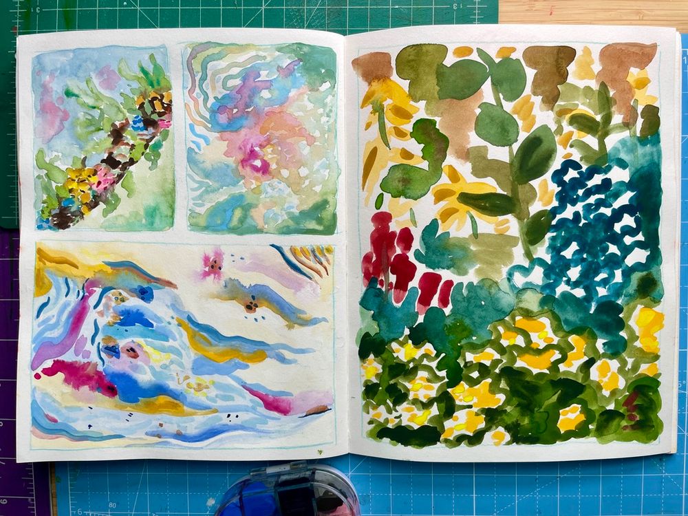 Sketchbook open to show four abstract gouache paintings based on photos of lichen, water, tree bark, and flowers. 
