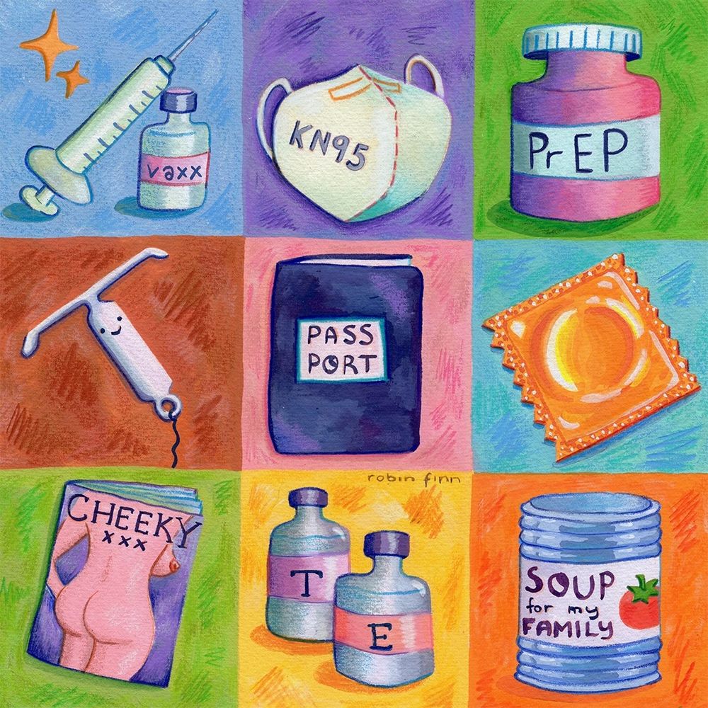 Stylized gouache painting showing a colorful grid of 9 banned or restricted objects: vaccine vial and syringe, a COVID mask, a bottle of PrEP, an IUD, a passport, a condom, a porn magazine, HRT vials, and a can of "soup for my family"