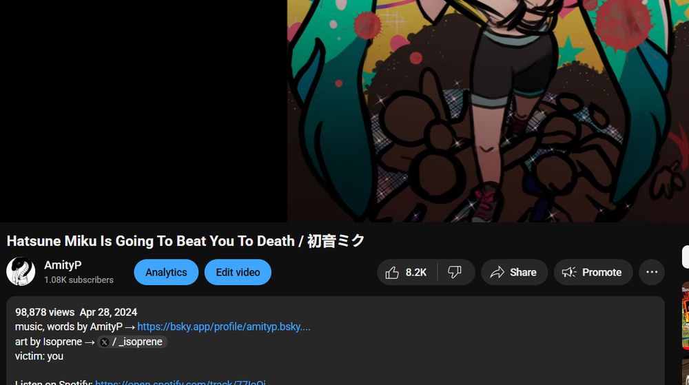 a screenshot of the youtube upload of Hatsune Miku Is Going To Beat You To Death by AmityP. hatsune miku is standing on a large pile of corpses. one of them has kaito's signature blue scarf