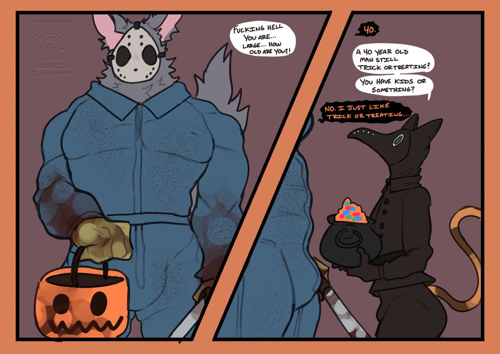 A massive wolf in a Jason outfit covered in blood stands outside Aquilo's door, Aquilo a bit shocked.