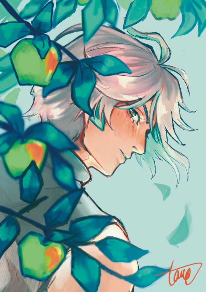 Portrait of Genshin Impact character Alhaitham with an apple tree