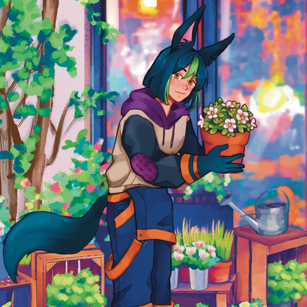 Close up of Tighnari holding a flower
container filled with white and pastel pink
flowers. He's dressed casually in a blue
overall with orange highlights, a beige
sweatshirt with a purple hood and black sleeves, and green gardening boots and gloves.
