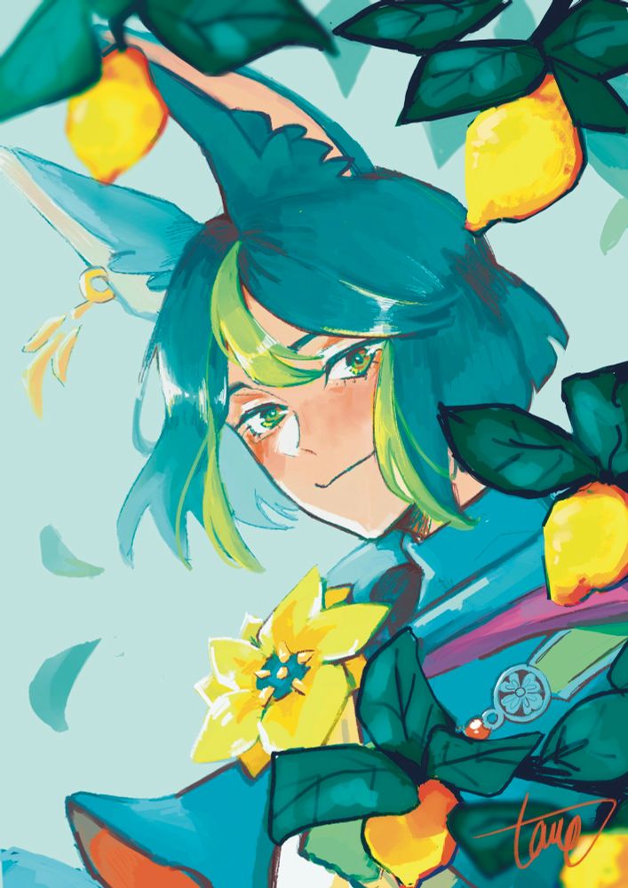 Portrait of Genshin Impact character Tighnari with a lemon tree