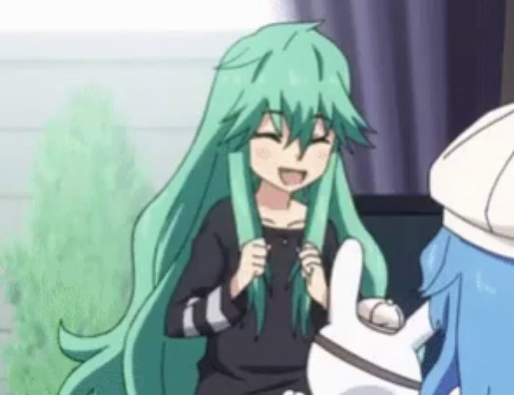 a girl with long green hair is smiling while holding a rabbit