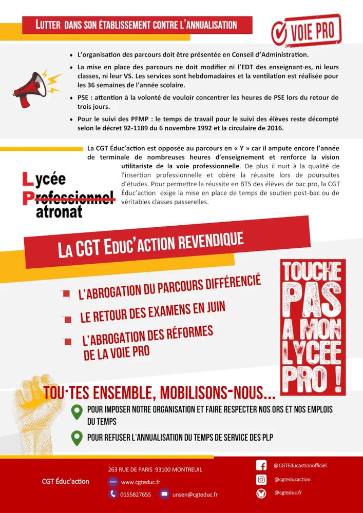 Lutter dans son établissement contre l’annualisation

L’organisation des parcours doit être présentée en Conseil d’Administration.
La mise en place des parcours ne doit modifier ni l’EDT des enseignant·es, ni leurs classes, ni leur VS. Les services sont hebdomadaires et la ventilation est réalisée pour les 36 semaines de l’année scolaire.
PSE : attention à la volonté de vouloir concentrer les heures de PSE lors du retour de trois jours.
Pour le suivi des PFMP : le temps de travail pour le suivi des élèves reste décompté selon le décret 92-1189 du 6 novembre 1992 et la circulaire de 2016.

La CGT Éduc’action est opposée au parcours en « Y » car il ampute encore l’année de terminale de nombreuses heures d’enseignement et renforce la vision utilitariste de la voie professionnelle. De plus il nuit à la qualité de l’insertion professionnelle et obère la réussite lors de poursuites d’études. Pour permettre la réussite en BTS des élèves de bac pro, la CGT Éduc’action exige la mise en place de temps de soutien post-bac ou de véritables classes passerelles.

La CGT Éduc'action revendique :
- l'abrogation du parcours différencié
- le retour des examens de juin
- l'abrogation des réformes de la voie pro