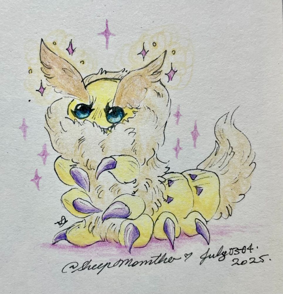 Silkmon, a caterpillar-like Digimon with moth-like antennae, a fluffy mane/tail, and sharp claws. Its antennae are emitting a purple and golden dust.