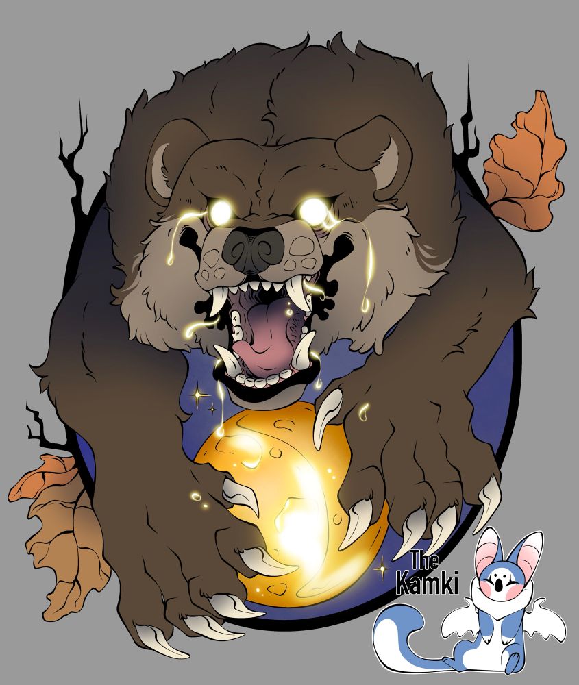 A bear framed by branches and leaves while slightly covering a glowing moon with its large paws. It’s roaring and has glowing eyes and tears flowing down its face. 