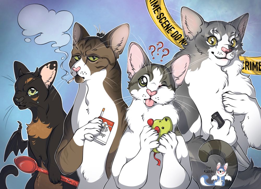 Portrait of my four cats. From left to right is: Gargoyle, Buggy, Mouse, and Ms.Demeanor.