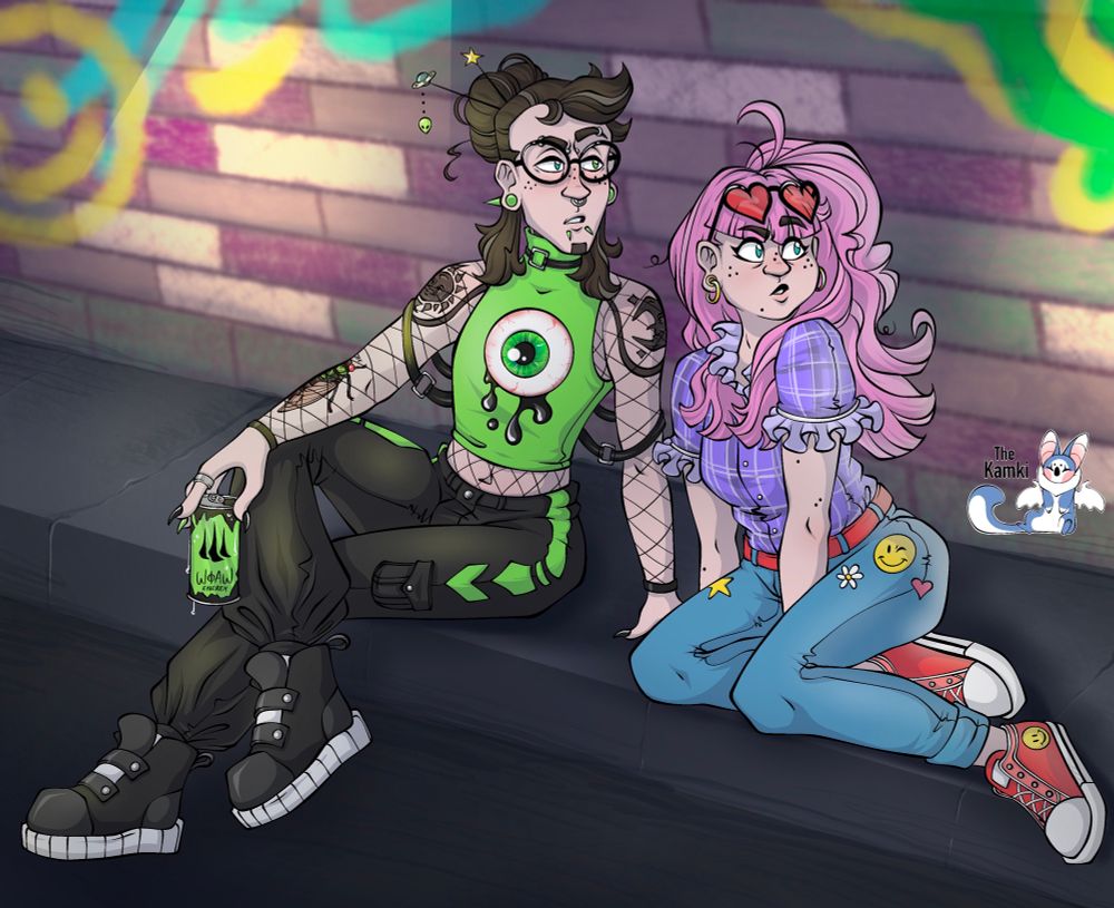 My two OCs, Belair (left) and Camaro (right) sitting on an alley sidewalk ledge looking off to the right confusedly. Belair is wearing a black and green alt-style fit while Camaro is wearing a plaid blouse and jeans with sneakers. 