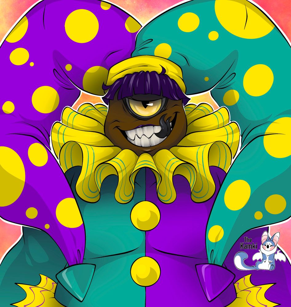 Halfbody piece of a cyclops jester/clown character wearing a teal and purple outfit with yellow accents. He is smiling wide and his tongue is peeking through his teeth. 