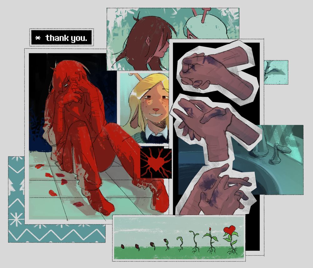 A collage of pictures, from Deltarune's Weird Route. There's Kris on the bathroom floor, clutching their face, Kris and Noelle on the couch, the soul, a flower budding into a soul, Kris washing ink from their hands, and the words "Thank you".