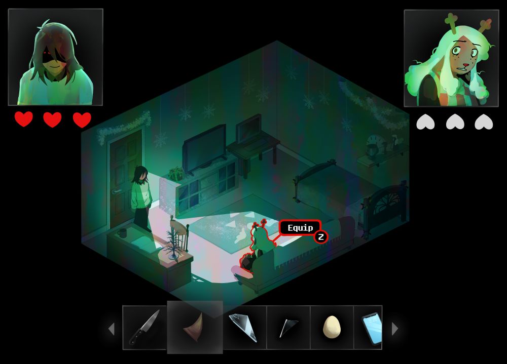 Noelle's room in the Weird Route, drawn to look like a 3D top-down horror game. Kris is by the door looking into the room, and Noelle is on her couch. There is an inventory hot bar with the thorn selected, and two icons showing Kris and Noelle's faces; Kris's is menacing and grinning, Noelle's is horrified. There is a UI pop-up over Noelle that says "Equip".
