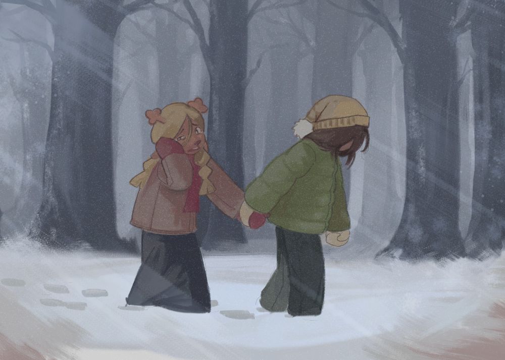 Kris and Noelle from Deltarune, as young kids. They are trudging in the snow. Noelle is wiping her tears and holding Kris' hand, who is looking down, face obscured.