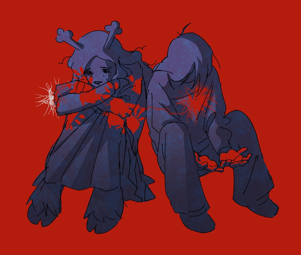 Kris and Noelle sitting against each other. Noelle has her knees tucked under her chin and is covered in bright red hand prints and white fibers coming from her hand. Kris is looking down at their hands, which are bright red, and red fibers are coming from their heart.