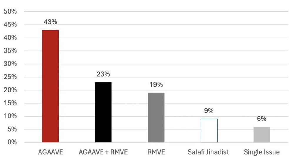 A graph showing that AGAAVE (Anti-Government, Anti-Authority Violent Extremists) at 43%, AGAAVE+RMVE (Racially Motivated Violent Extremists) at 23%, RMVE at 19%, Salafi Jihadist at 9%, and Single Issue at 6%