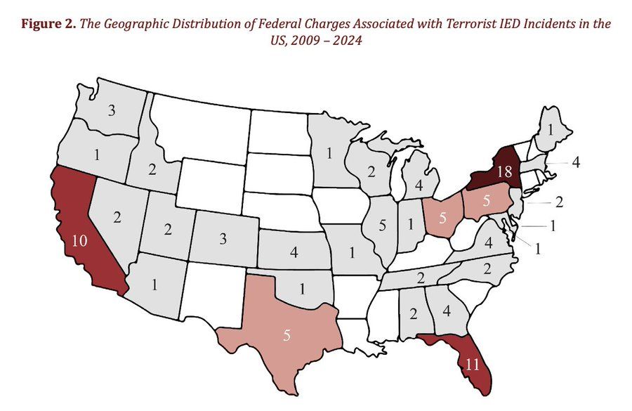 A map with the distribution of cases in each U.S. state. 