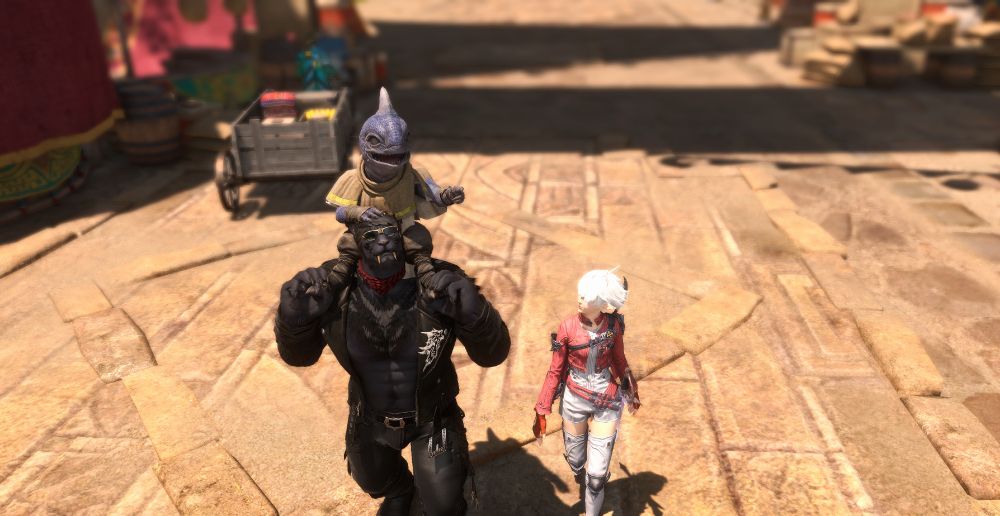 Jaeger and Alisaie stroll through the markets of Tulliyollal, with Gulool Ja perched upon Jaeger's shoulders. Jaeger looks up at the young Hoobigo in adoration as he points at something of interest. Alisaie is walking beside them, but her attention is focused more on her Hrothgar partner.