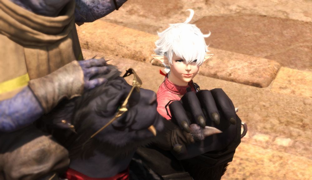 Alisaie can't help but smile lovingly at Jaeger, her heart swelling over the fondness and care the Hrothgar shows for Gulool Ja. Jaeger had taken to him instantaneously, due in part--she was sure--to the shared trauma of having some of the worst sires imagineable. Still, the role Jaeger had taken on as an older brother to the boy was heartwarming. Gods, she loved him; loved the kind, caring man that he was. And she was eternally grateful that she got to call him hers.