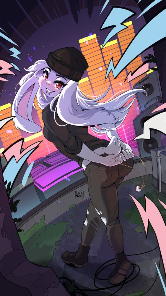 A pretty bunny person is standing on a rooftop, hands behind her back and twisting to look back at the viewer. She smiles while holding a trans flag heart necklace in her hands, and the whole environment around her seems to buzz from gender joy