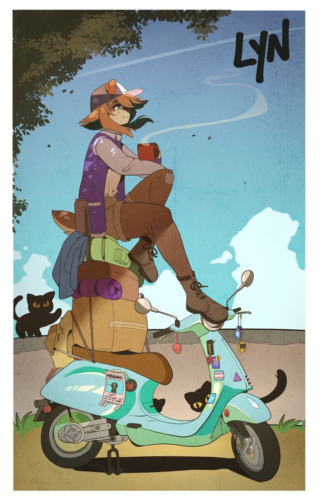 My sona, Lyn, sits precariously on top of a Vespa packed up with garbage. She enjoys a coffee while looking out on the horizon