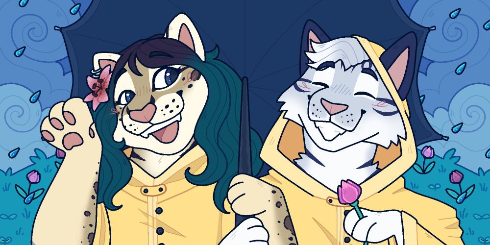 A drawing of a femme ocelot with long, dark green hair, and a non-binary gray tabby cat, smile brightly at each other, sharing an umbrella and each wearing a light yellow raincoat. The tabby holds a tulip. The background shows raindrops and a green grassy hill with tulips blossoming on it.