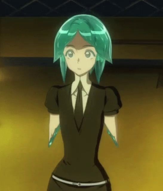 a girl with green hair and a black shirt and tie is standing in a dark room .