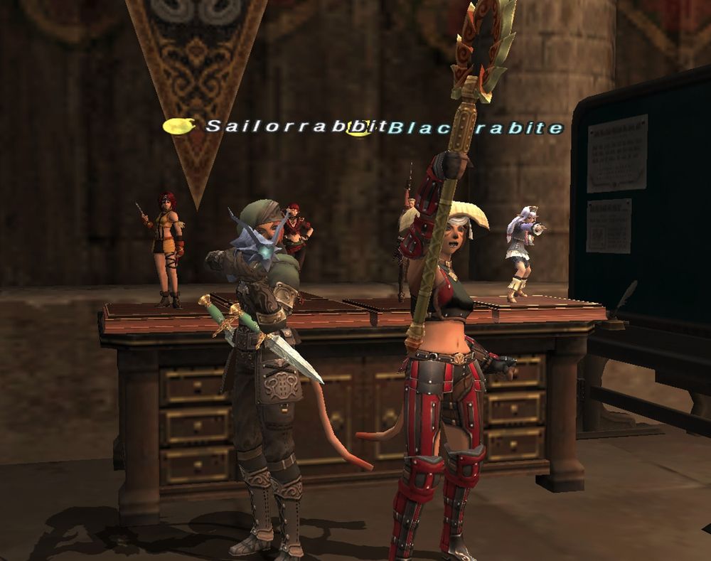 Two Mithra's from the game Final Fantasy XI standing in front of a set of drawers.