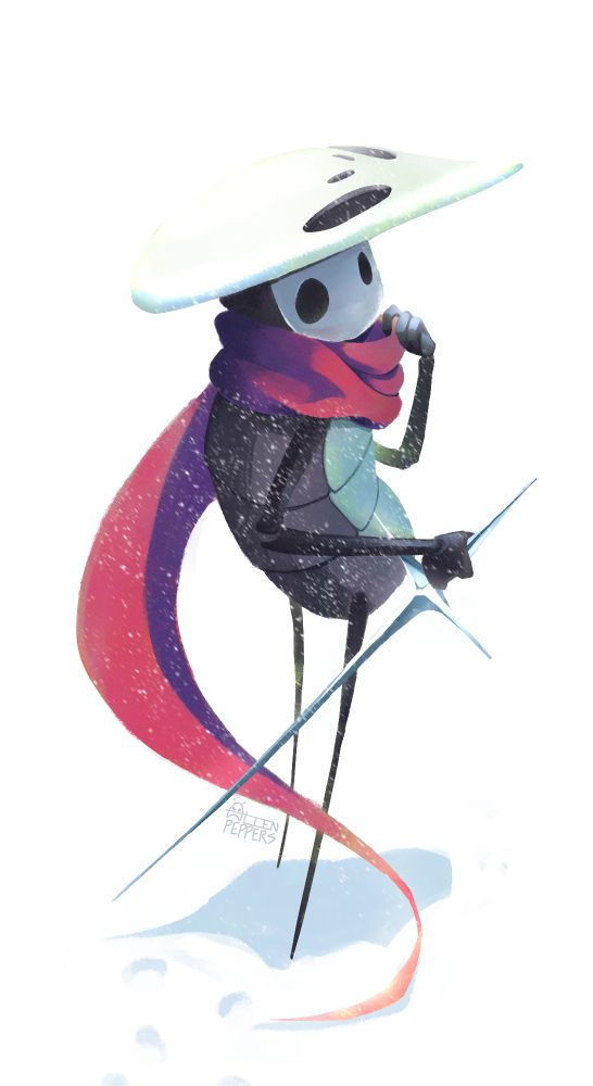 Quirrel wearing a long and cozy scarf while snow falls. He is looking up as if he noticed something. One hand is pulling his scarf out the way of his face, while the other is holding his needle. He is more curious than wary, though.