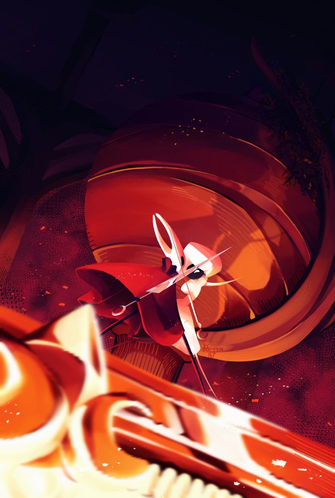 Hornet and Lace in the middle of their fight in the Deep Docks. Smoke and ash fly around them, their shadows are cast dramatically on the statue behind them. Their stage is made of gleaming metal, reflecting the lava's light from below. They make eye contact as pin and needle are in a blade lock. Lace is having fun as her free arm is out stretched like a dancer's. Hornet is more serious and stiff, but her cloak billows from her movement.