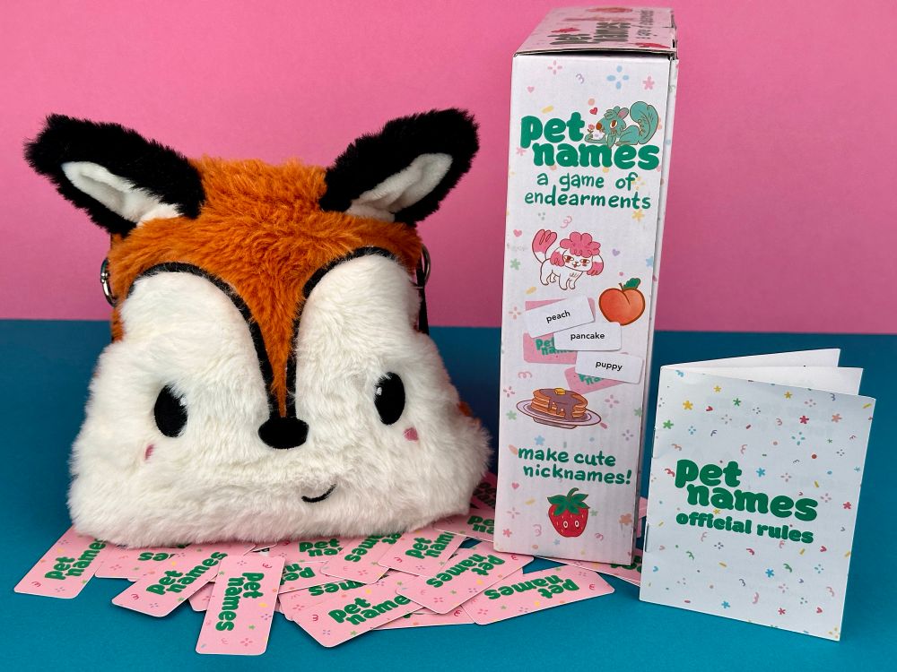 Pet Names game: plush fox bag sitting on mini pink cards, side of game box, and rule booklet in front of pink and blue backdrop 