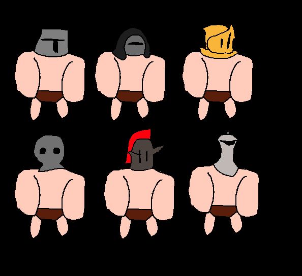 a lineup of 6 poorly drawn gladiators, the only difference between each of them is their helmets