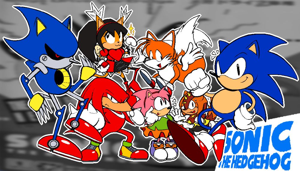 a group of characters.
Sonic the Hedgehog, Miles Tails Prower, Amy Rose, Knuckles the Echidna, Trip the Sungazer and Metal Sonic