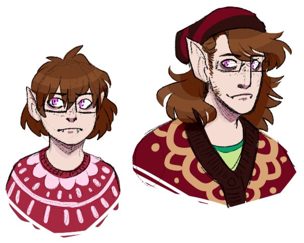 ten year old rune, next to present day rune (40~50 yr old vampire; appears 20. some things that remain consistent is his reddish brown hair, bright pink eyes, pointy elven ears, and glasses.)