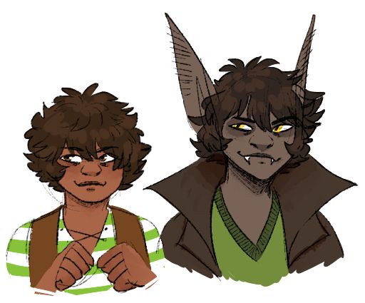 ten year old bat (mortal) next to ~290 year old bat (vampire), still appearing to look about 14. post-turning, his skin got much ashier in its tone due to being undead, his eyes got bright yellow, and his ears grew longer, but besides that they pretty much still have the same energy.