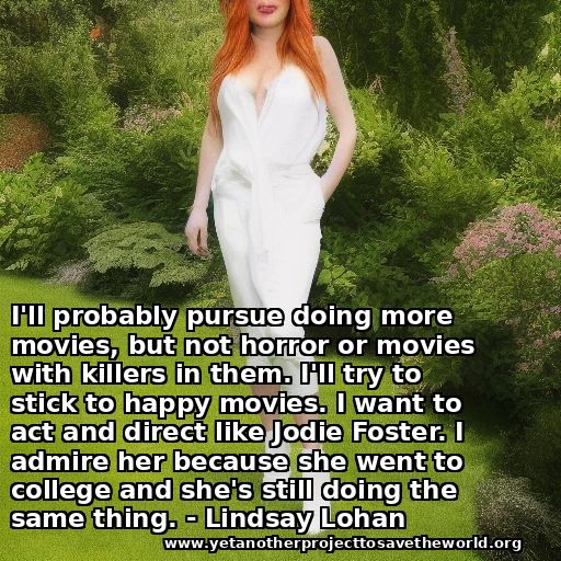AI-generated Lindsay Lohan in a garden. Quote: "Ill probably pursue doing more movies, but not horror or movies with killers in them. Ill try to stick to happy movies. I want to act and direct like Jodie Foster. I admire her because she went to college and shes still doing the same thing."