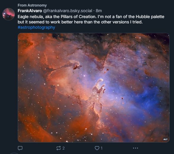 Section of the Home feed where a post related to astronomy appears. It's not from a person I follow but just above the post it says "From Astronomy"